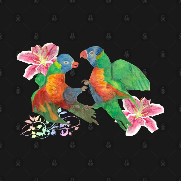 Colorful fight parrots and lilies by Ezhael