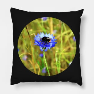 Bumblebee on Blue Cornflower Pillow