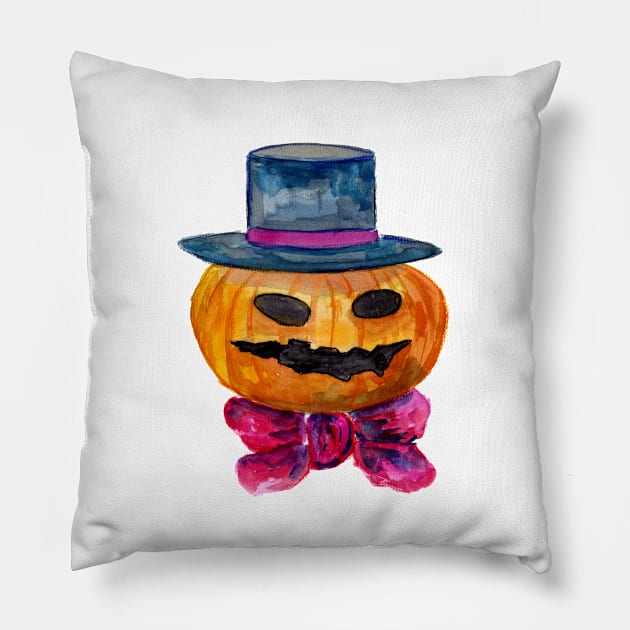 Carved Pumpkin Head with Blue Hat and Bowtie Pillow by ZeichenbloQ