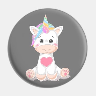 Cute Little Unicorn With Heart, Line Drawing White, Pink, Purple, Green & Yellow Pin