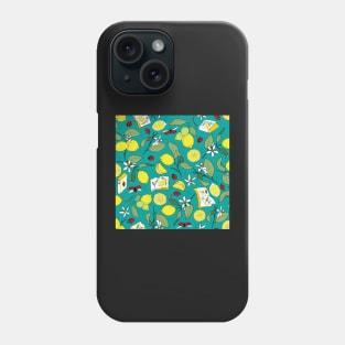 lemons, books and ladybugs on teal Phone Case