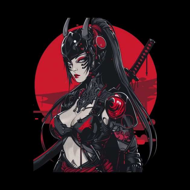 Red Samurai Cyber Girl Japanese Art by Vlaa