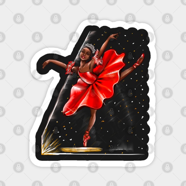 Ballet, African American ballerina in red pointe shoes, dress and crown 2 - ballerina doing pirouette in red tutu and red shoes  - brown skin ballerina Magnet by Artonmytee