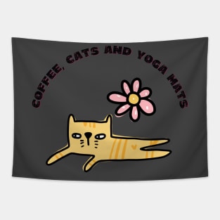 Coffee cats and yoga mats funny yoga and cat drawing Tapestry