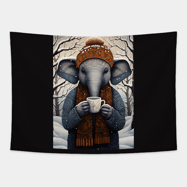 Elephant in Hat Funny Christmas Coffee Lover Gift Tapestry by Ai Wanderer