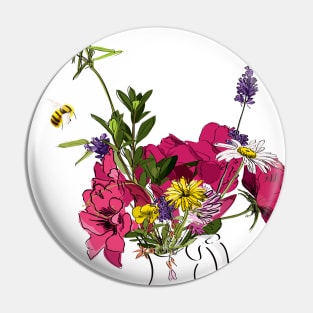 Bee hovering over Spring flowers Pin