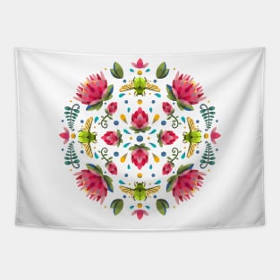 Protea Flower Circle Pattern with Green Beetle Tapestry