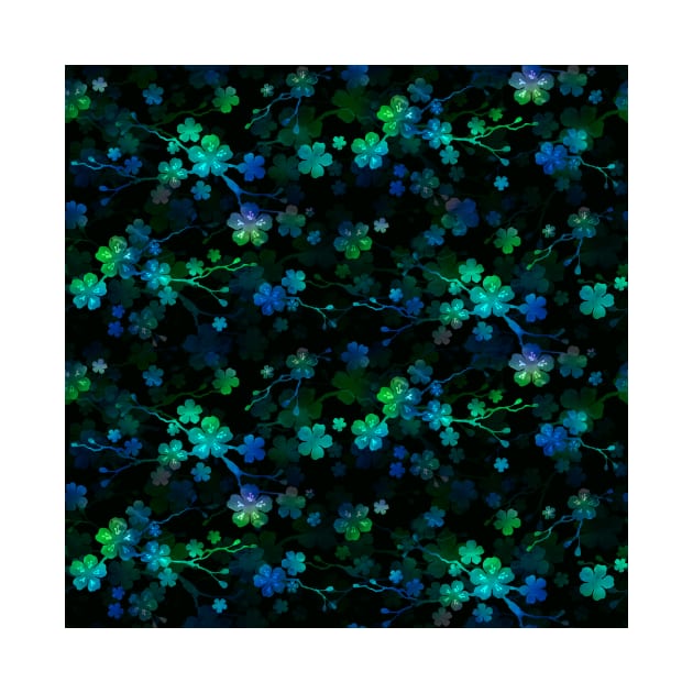 Bright Neon Green and Blue Cherry Blossom Flowers and Vines by podartist