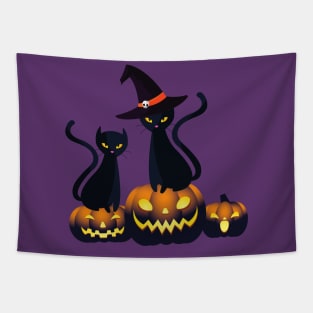 Halloween Spooky Pumpkins Black Cat and Happy Fall Season Autumn Vibes Tapestry