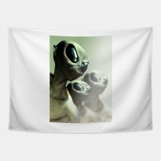 Three alien greys against misty background. Tapestry