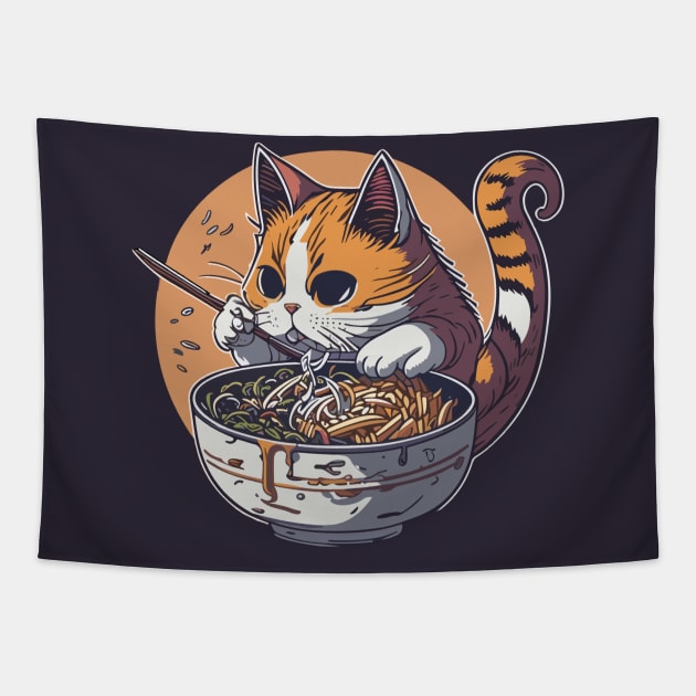 Cat eating ramen Tapestry by DesignVerseAlchemy