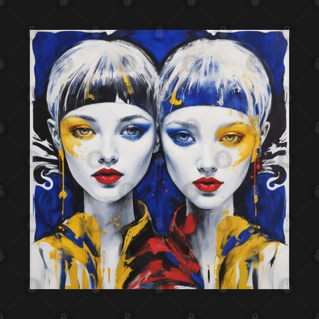 Abstract Girls Colorful Twin Portrait Blue and Red by milcartworks