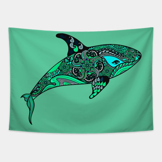 Green Orca Whale design Tapestry by Sailfaster Designs