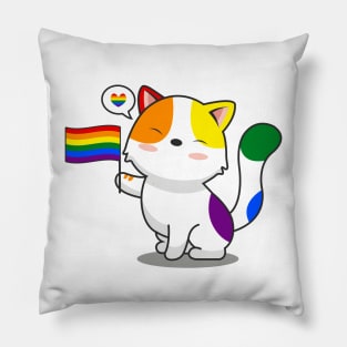 Cute Cat Holding LGBTQ+ Pride Flag Pillow