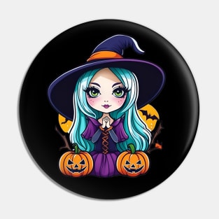 A witch sitting on a pumpkin Pin