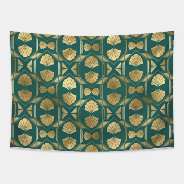 Teal and Gold Vintage Art Deco Scallop Shell Pattern Tapestry by podartist