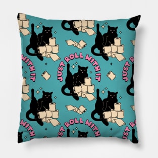 Roll with it Black Cat Pattern in blue Pillow
