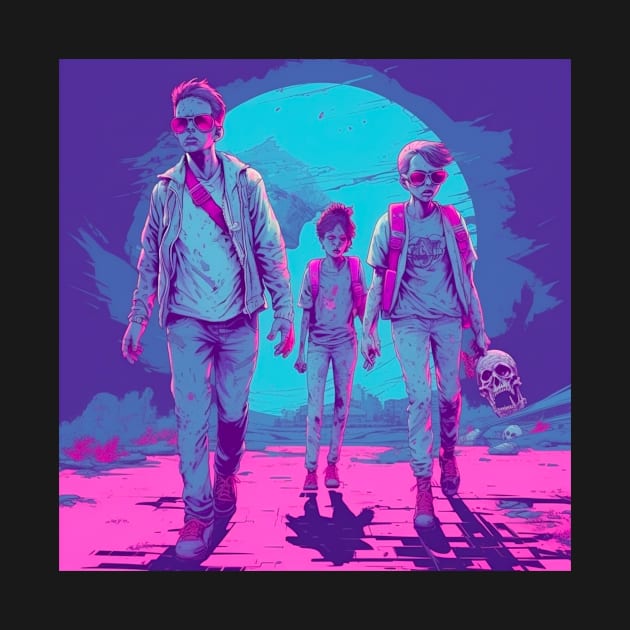 Vaporwave Retrowave Synthwave apocalypse illustration Zombies Zombie Skull by bullquacky