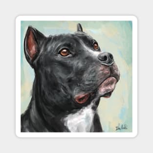 Painting of a Black Pit Bull Looking into the Horizon, on light Blue Yellow Background Magnet