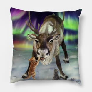 Reindeer and Kittens with Northern Lights Pillow