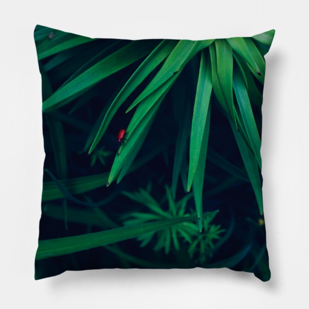 Green Leaves with a Tiny Red Beetle Pillow by Rosey Elisabeth