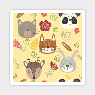 Woodland animals kids pattern yellow background Magnet