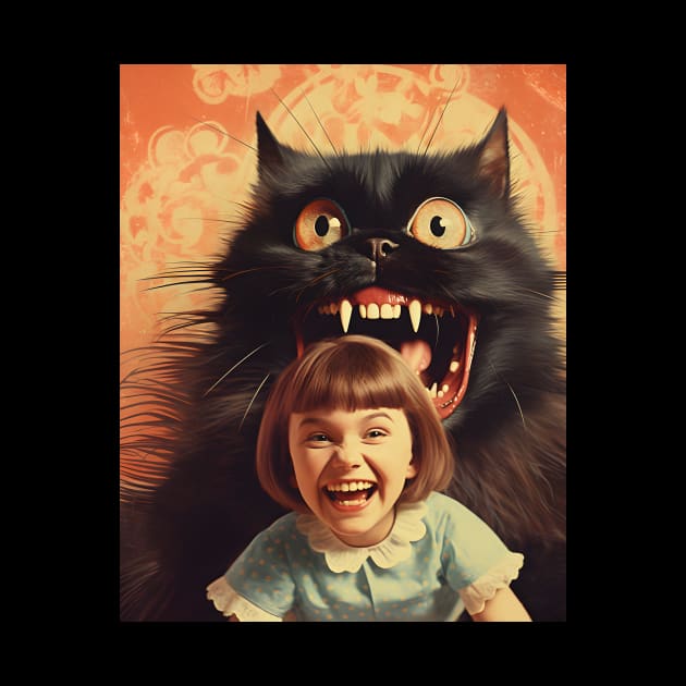 Vintage Little Girl and Creepy Cat - Enchanting Retro Art by KittyStampedeCo