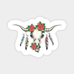 Bull Skull with Feathers and Flowers Magnet