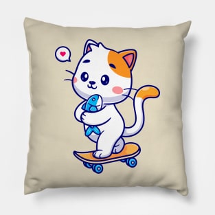 Cute Cat Holding Fish On Skateboard Cartoon Pillow