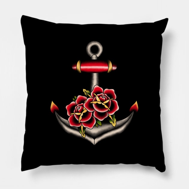 Anchor With Roses Sailor Traditional Tattoo Pillow by Trippycollage