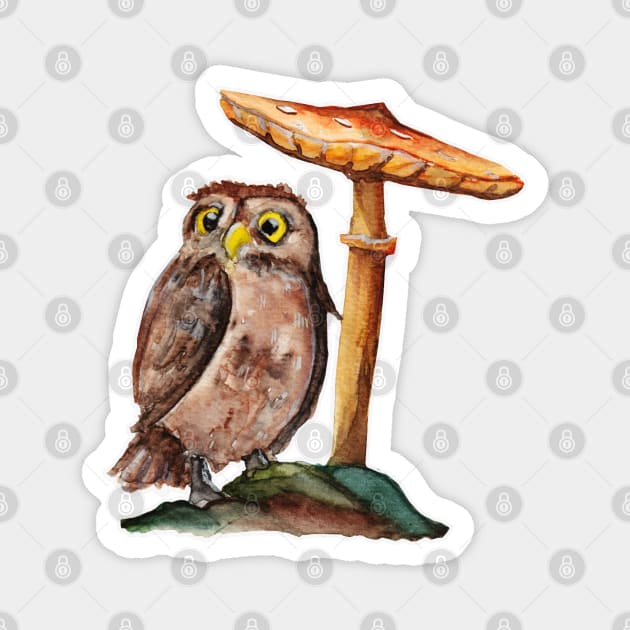 Watercolour - Owl mushroom Magnet by Karoのkyuuto