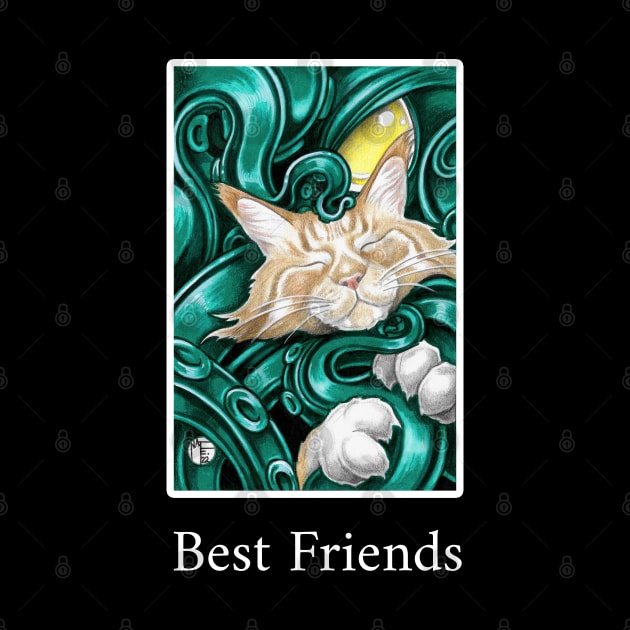 Cthulhu and Ginger Cat Friend - Best Friends - White Outlined Version by Nat Ewert Art