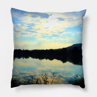 Mystical view with vegetation in the foreground, indistinct waters, Marche hills and azure sky Pillow