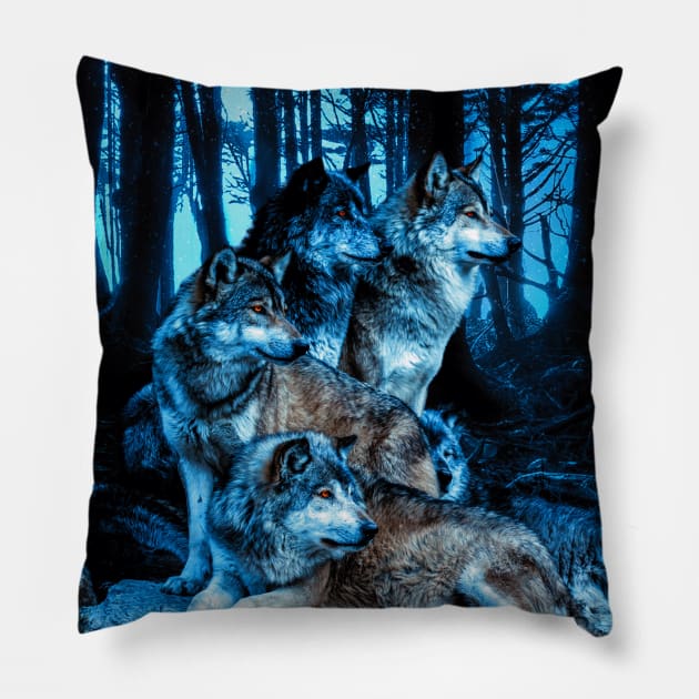 Wolf Pack with Amber Eyes Pillow by juyodesign