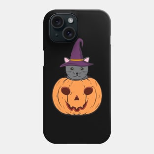 Halloween Cute Cat With Witch Hat Stuck In A Pumpkin Head. Phone Case