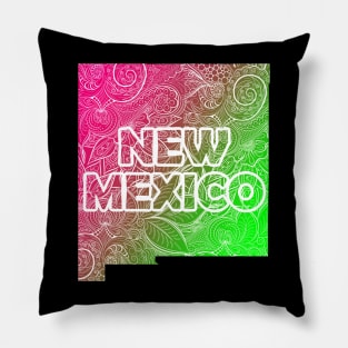 Colorful mandala art map of New Mexico with text in pink and green Pillow