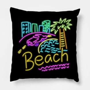 Beach neon house palm trees multi color pink Cadillac sand sun Pillow