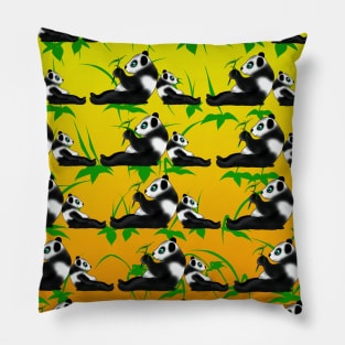 Two pandas eating bamboo pattern on a yellow background Pillow