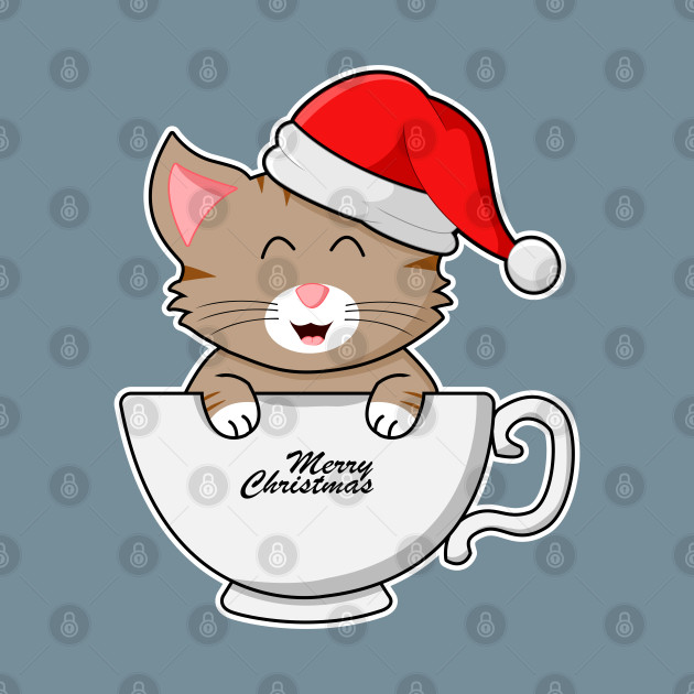 Disover Christmas Cat Smiling With Santa Hat in A Cup - Christmas Cat - T-Shirt