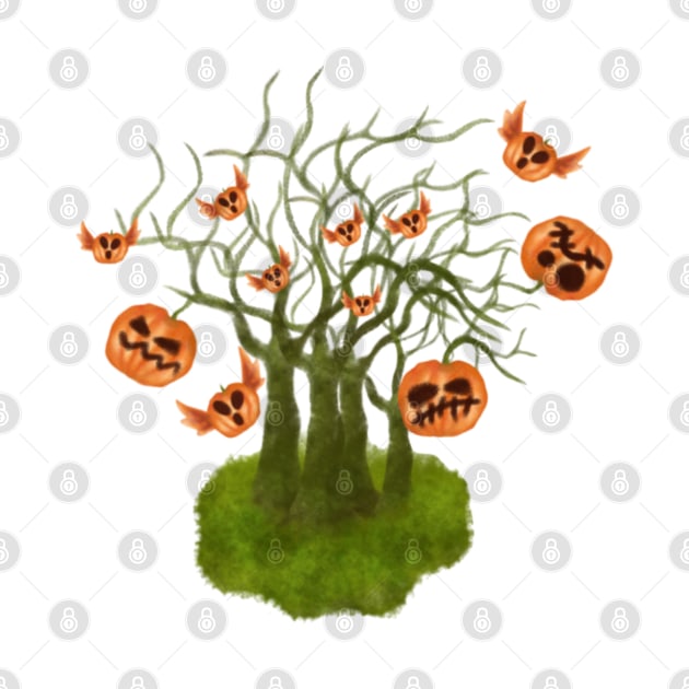 Celebrating halloween spooky season in scary pumpkins garden with flying pumpkin by fslaf