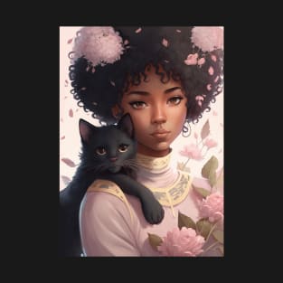 Beautiful Anime Black Girl WIth her Cute black cat T-Shirt