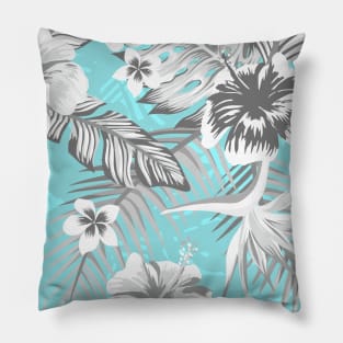 Light Blue and Grey White Hibiscus Floral Flower Pillow