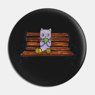 purple cat eating an apple on a bench illustration Pin