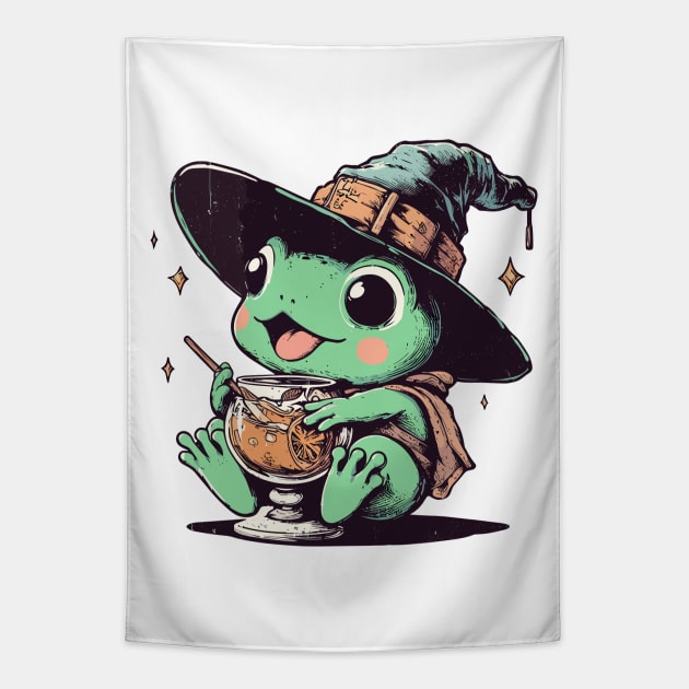 Retro kawaii witchy frog drink orange juice Tapestry by TomFrontierArt
