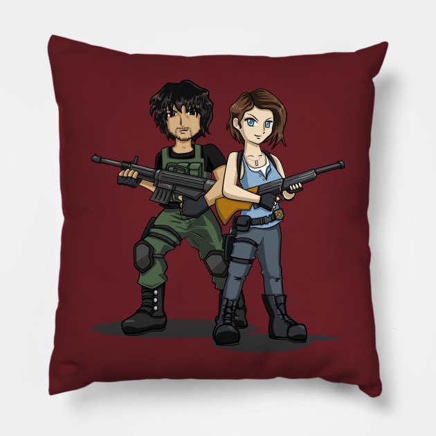 RE3 Remake Jill Valentine and Carlos Oliveira Pillow by LittleBearArt