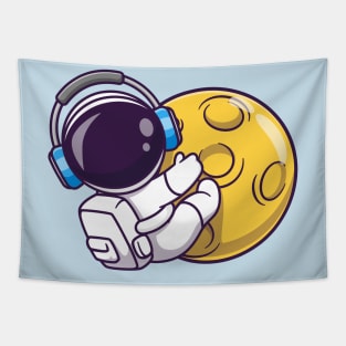 Cute Astronaut Hug Moon With Headphone Cartoon Tapestry