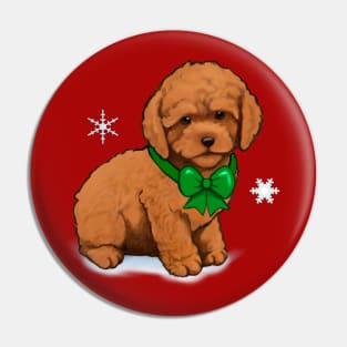 Apricot Poodle Puppy in Green Bow at Christmas Pin