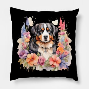 A bernese mountain dog decorated with beautiful watercolor flowers Pillow