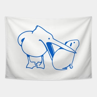 Minimalist art of a funny event with Pelican and Capybara in blue ink Tapestry