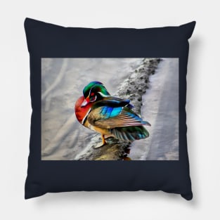Wood Duck with Watercolor Effects Pillow